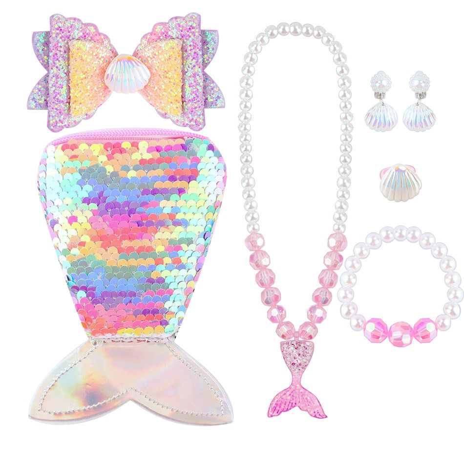 MERMAID JEWELRY SET WITH NECKLACE - EARRINGS - RING - BRACELET - BOW - PURSE - 12139