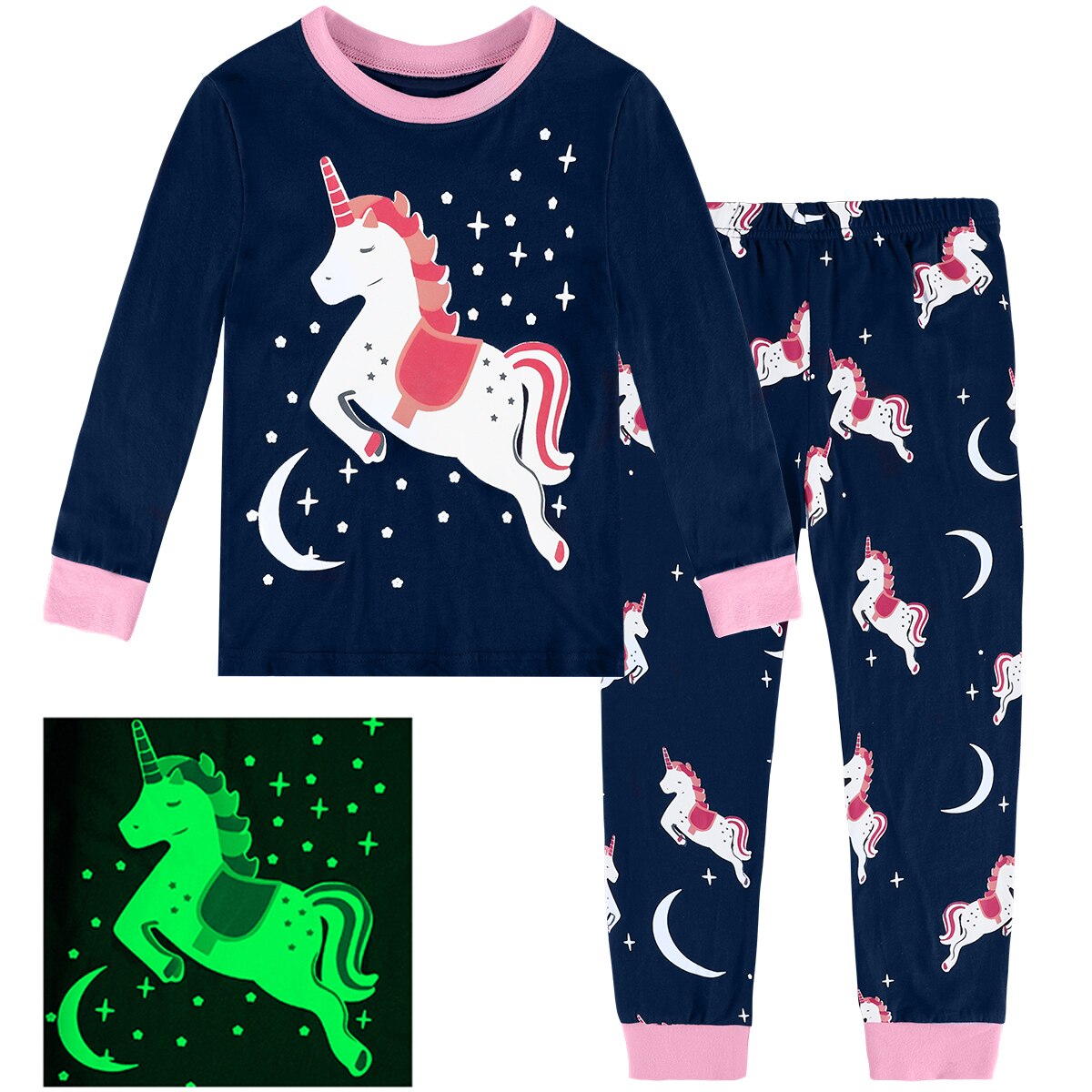 GLOWING IN THE DARK ELASTIC SLIMFIT LONG SLEEVED PAJAMAS WITH UNICORN FOR GIRLS WITH SAMPLE PICTURE OF GLOW IN THE DARK
