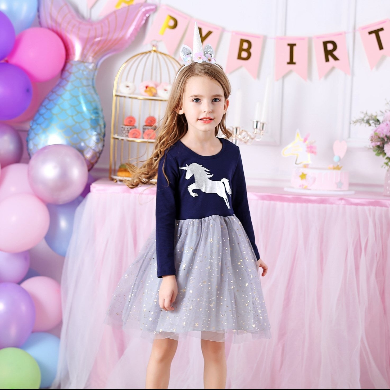 LONG SLEEVED DRESS WITH UNICORN - 10823